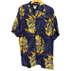Dragon Wear Men's XL Navy Blue Yellow Dragon Print Button Down Boy Scout Shirt